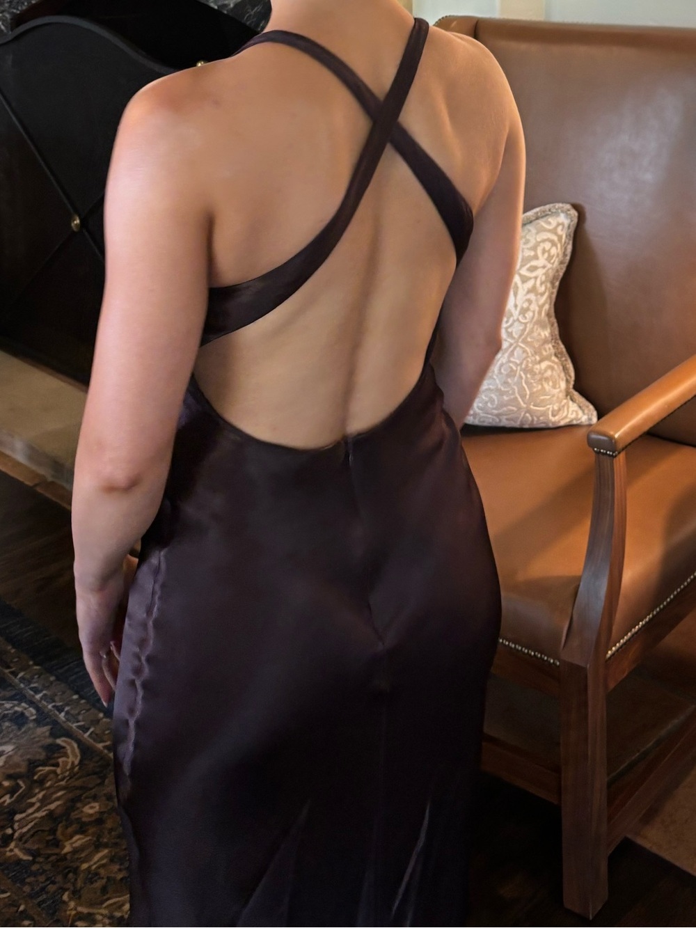 BEC + BRIDGE MAXINA CROSSOVER DRESS … Brown Satin Scoop Neck Maxi Dress - Picture 4 of 4